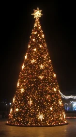 Tall outdoor Christmas tree with dense warm lights.