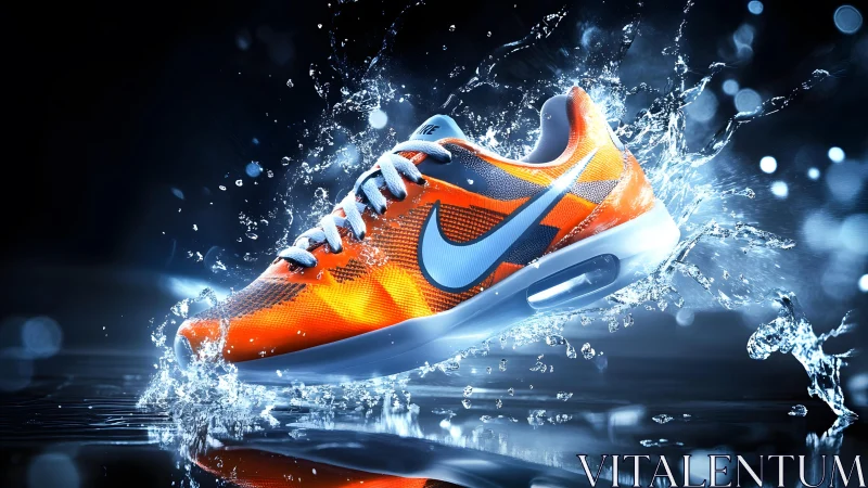 Vibrant orange athletic sneaker splashing in water, dynamic lighting.