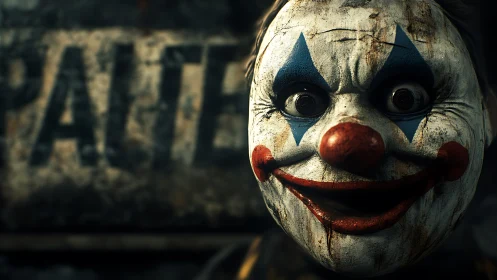 Grinning clown mask in moody, cinematic close-up portrait.