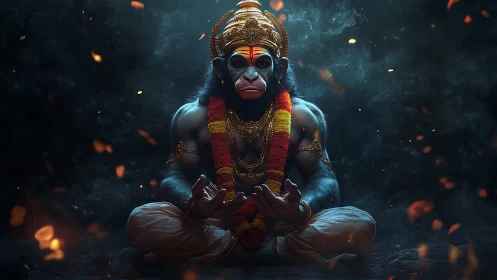 Simian humanoid figure in ornate attire seated in meditation.