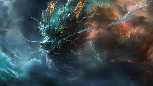 Stormbound azure dragon surging through misty cosmos.