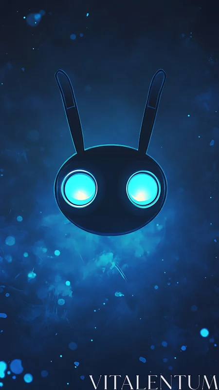 Glowing blue robot face with antennae floats in dark space