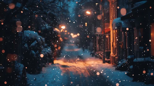 Snowy city street at dusk with warm glowing lights.