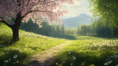 Spring meadow path beneath blooming cherry tree at dawn.