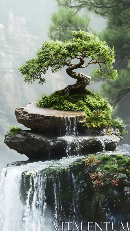 Photorealistic bonsai cascade on tiered rock waterfall composition.