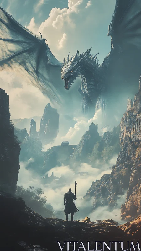 Solitary figure confronts large dragon in mist-filled canyon