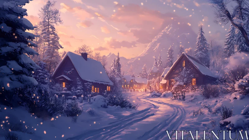 Soft winter cabins glow warmly beneath a peaceful pink sky