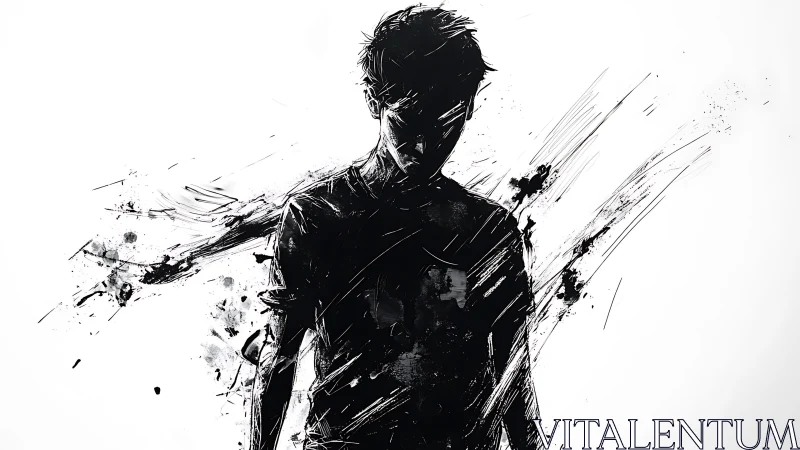 Silhouetted figure emerges from dynamic black ink strokes