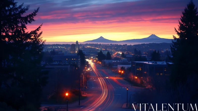 City boulevard glows under vivid mountain sunrise sky.