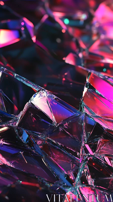 Shimmering glass shards glow with neon pink and blue light