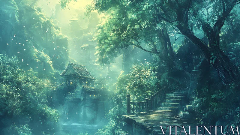 Emerald Forest Sanctuary: Ancient Pagoda Among Towering Trees