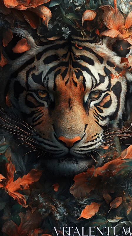 Gentle tiger resting in autumn leaves and quiet forest glow.