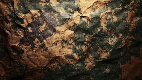 Weathered camouflage fabric texture under dramatic light.