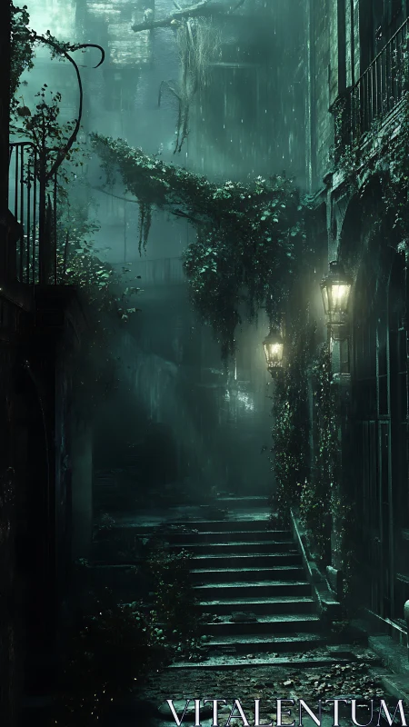 Narrow stone stairway extends through rain in overgrown alley