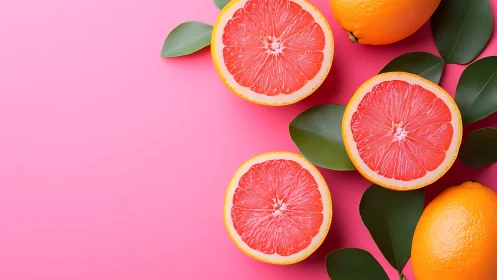 Vibrant grapefruit halves rest beside oranges on pink background.