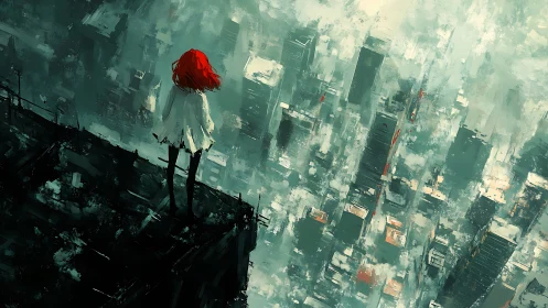 Red haired dreamer standing at the edge of a painted city.