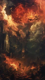 Blood-red eclipse devours a burning cathedral worldscape