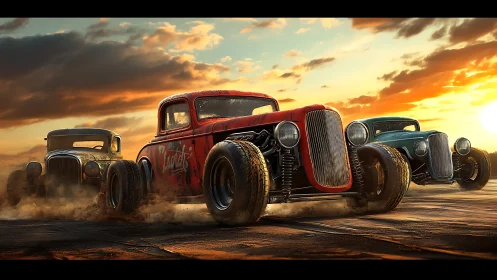 Vintage hot rods racing across dusty track at sunset.