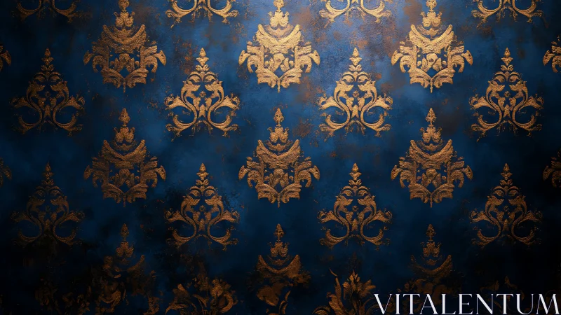 Golden damask blooms on deep midnight blue wallpaper.