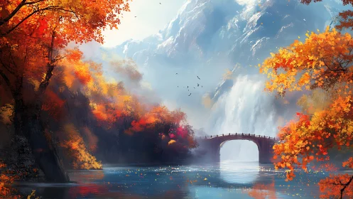 Autumn mountain gorge with stone arch bridge and waterfall