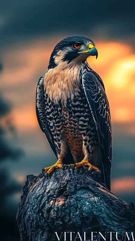 Regal falcon stands poised against a blazing sunset sky.
