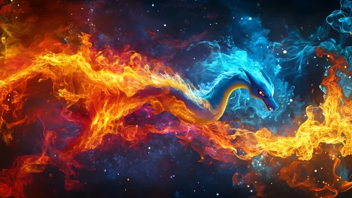 Elemental dragon wreathed in blue and orange cosmic fire.