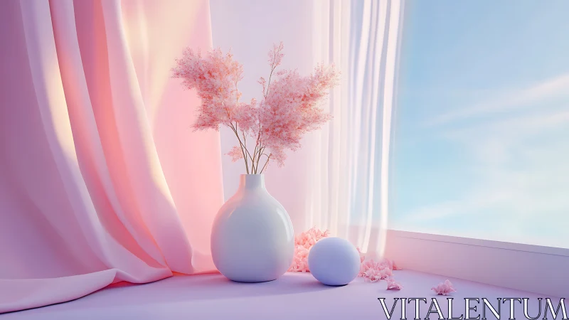 White vase and sphere beside pastel drapery and window.