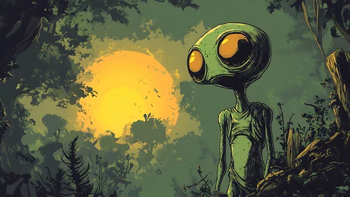 Lonely alien watches a burning sun over dense jungle world