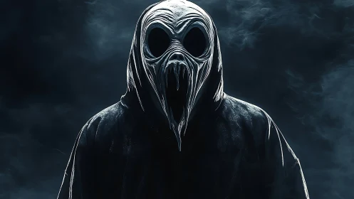 Hooded skeletal wraith with melting mask in smoky void.