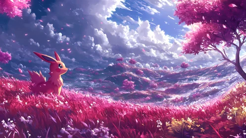 Eevee gazes across a pink blossom dream valley landscape.