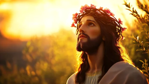 Radiant bearded figure with floral crown in golden sunset.