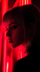 Profile portrait in red neon side lighting at night.