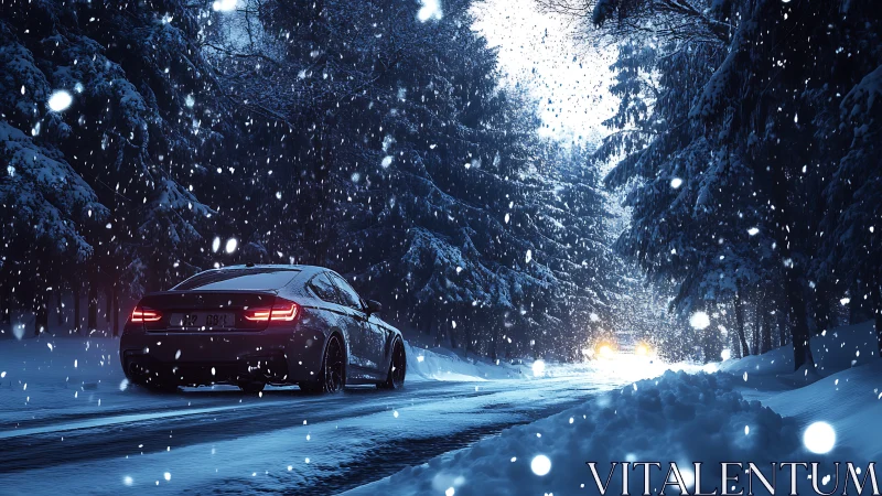 Snowy forest road with cozy winter night drive scene.