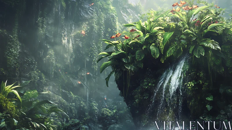 Lush rainforest cliff with cascading micro waterfall and flora.