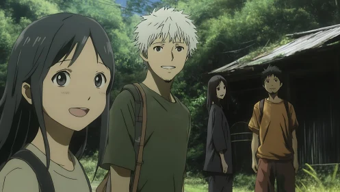 Anime friends exploring lush rural forest with old cabin