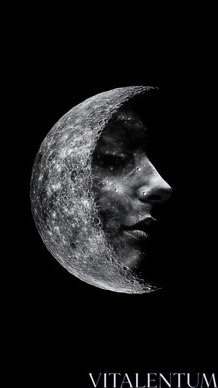 Crescent moon reveals human face emerging from darkness