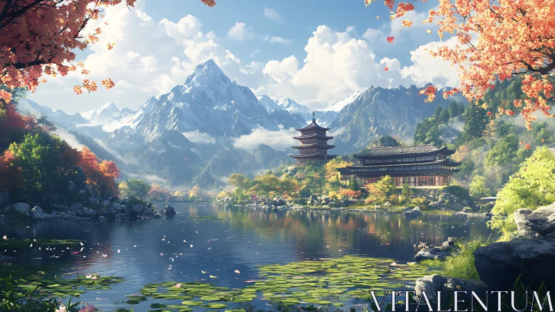 Pagoda daydreams beside crystal lake and snowbright peaks.