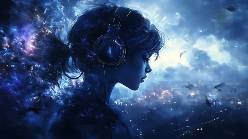 Profile silhouette girl in headphones within blue nebular soundscape