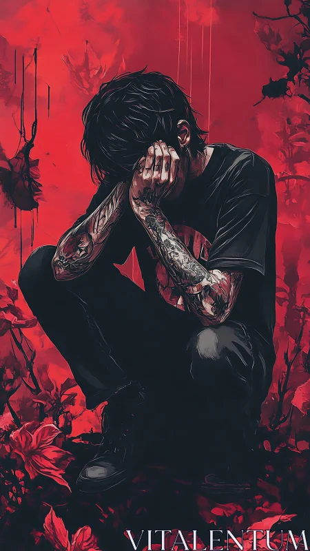 Crimson garden curls around a tattooed soul in collapse