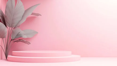 Pink minimalist podium with tropical leaves awaits product