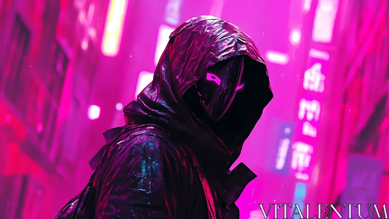 Cyberpunk cloaked figure in neon magenta urban alleyway