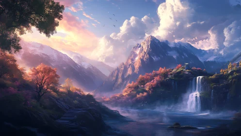 Mountain valley with lake, forested slopes, and waterfall.