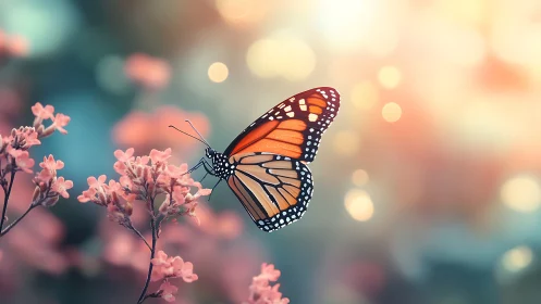 Monarch butterfly poised on pastel blossoms at sunrise.