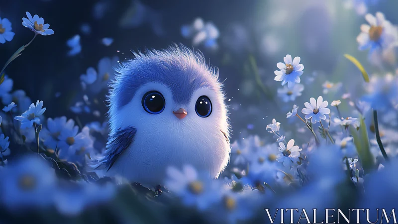 Adorable Fluffy Bird in Dreamy Flower Field, Digital Art Style.