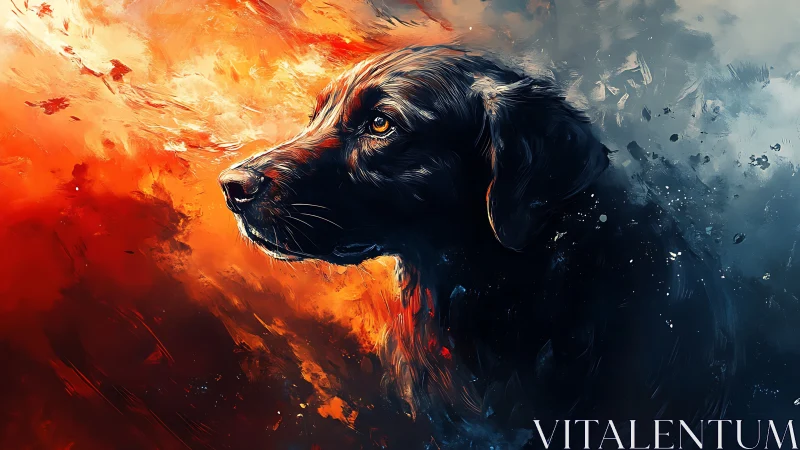High-contrast digital portrait of black dog in fire-ice split