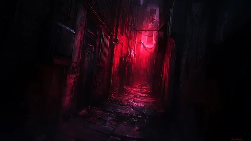 Narrow urban alley is illuminated by intense red backlighting