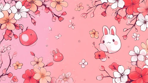 Cartoon rabbit and blossoms float across pink gradient background