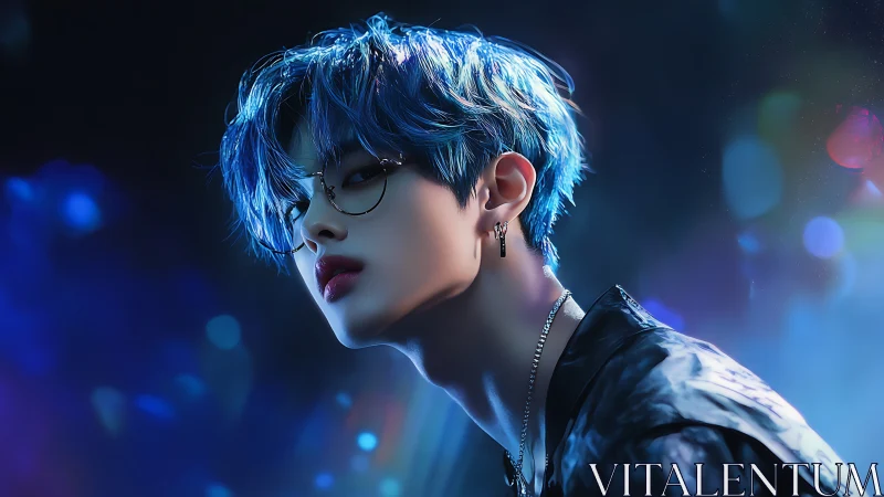 Blue-haired youth gazes through neon haze at midnight.