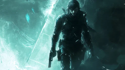 Armed lone warrior walks through icy blue digital storm.