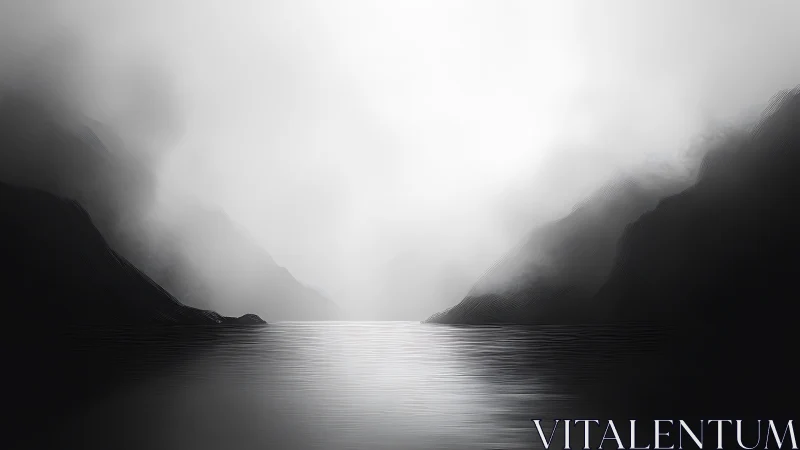 Mist-veiled fjord reflects moody monochrome light calmly.